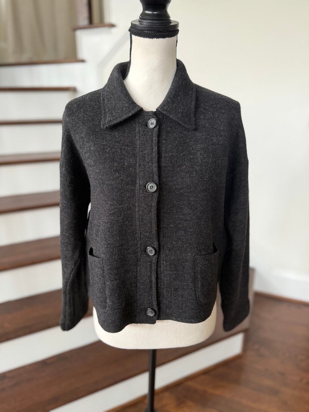 J.Crew Dark Charcoal Wool Blend Fleece Lined Button Down Lady Cardigan